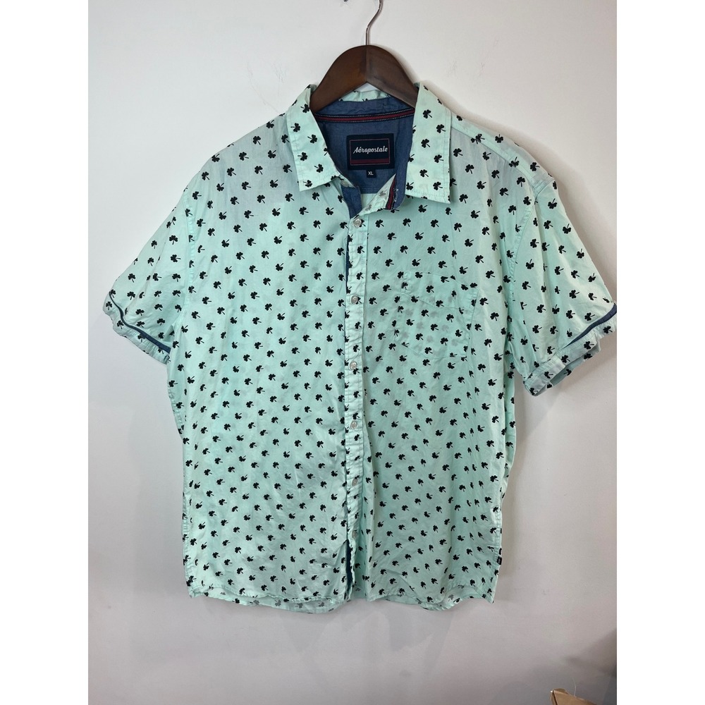 Aeropostale Mens XL Mint Green Clover Shamrock Short Sleeve Button Down - 137